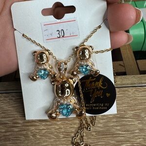 Rose Gold Plated Teddy Bear Jewelry Set | Necklace + Earrings | Blue Heart